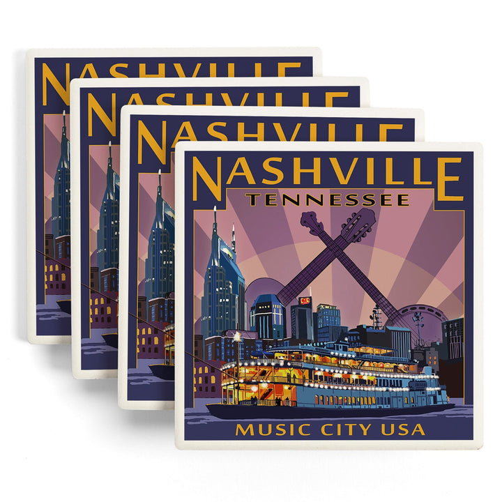 Nashville, Tennessee, Skyline at Night, Coasters Coasters Lantern Press 