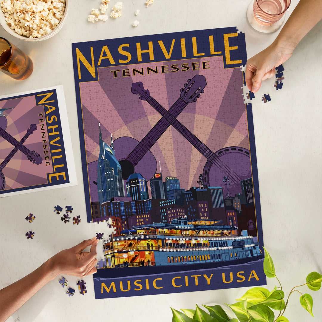 Nashville, Tennessee, Skyline at Night, Jigsaw Puzzle Puzzle Lantern Press 