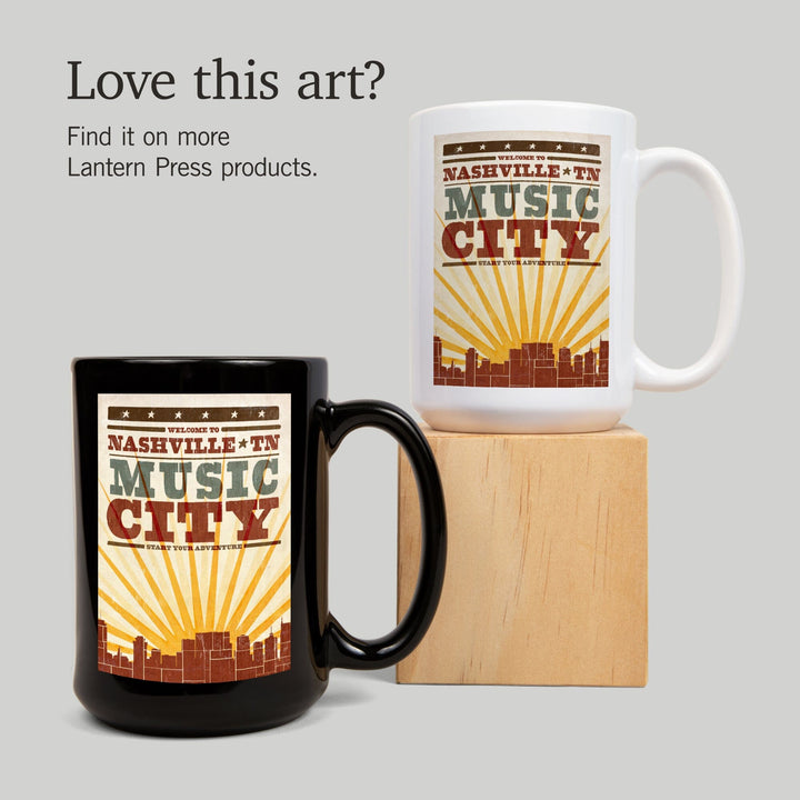 Nashville, Tennessee, Skyline & Sunburst Screenprint Style, Lantern Press Artwork, Ceramic Mug Mugs Lantern Press 
