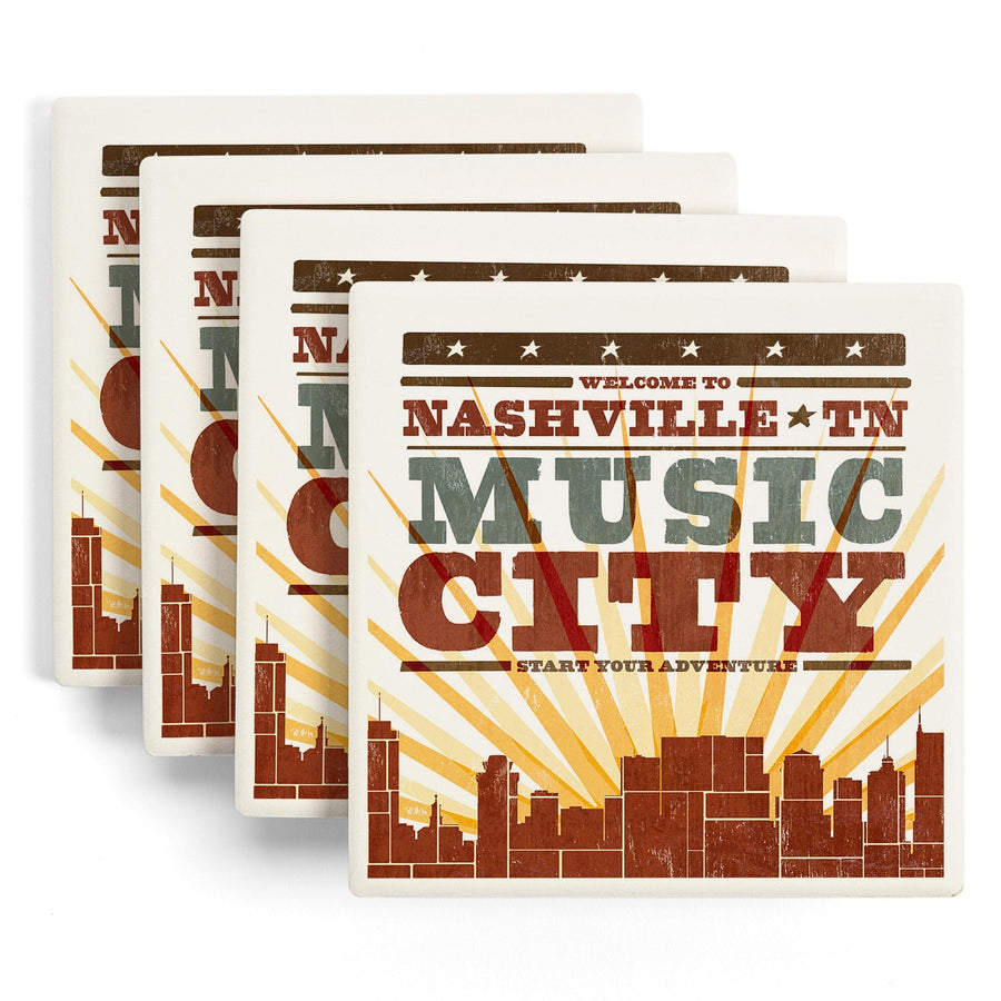 Nashville, Tennessee, Skyline & Sunburst Screenprint Style, Lantern Press Artwork, Coaster Set Coasters Lantern Press 