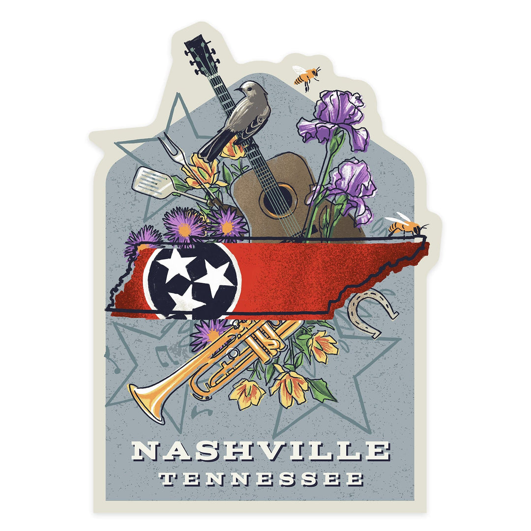 Nashville, Tennessee, State Treasure Trove, Contour, Vinyl Sticker Sticker Lantern Press 