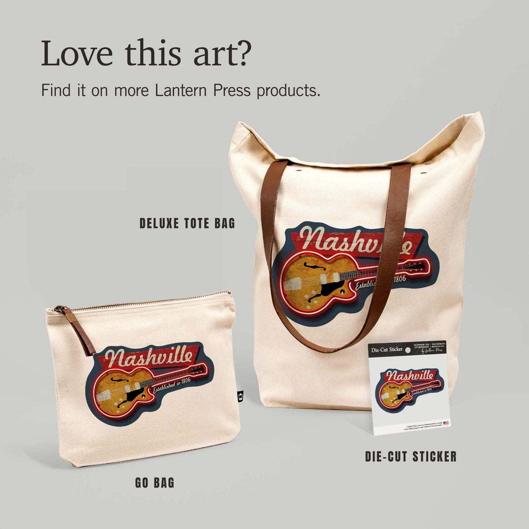 Nashville, Tennessee, Vintage Guitar Sign,, Organic Cotton Zipper Pouch, Go Bag Go Bag Lantern Press 