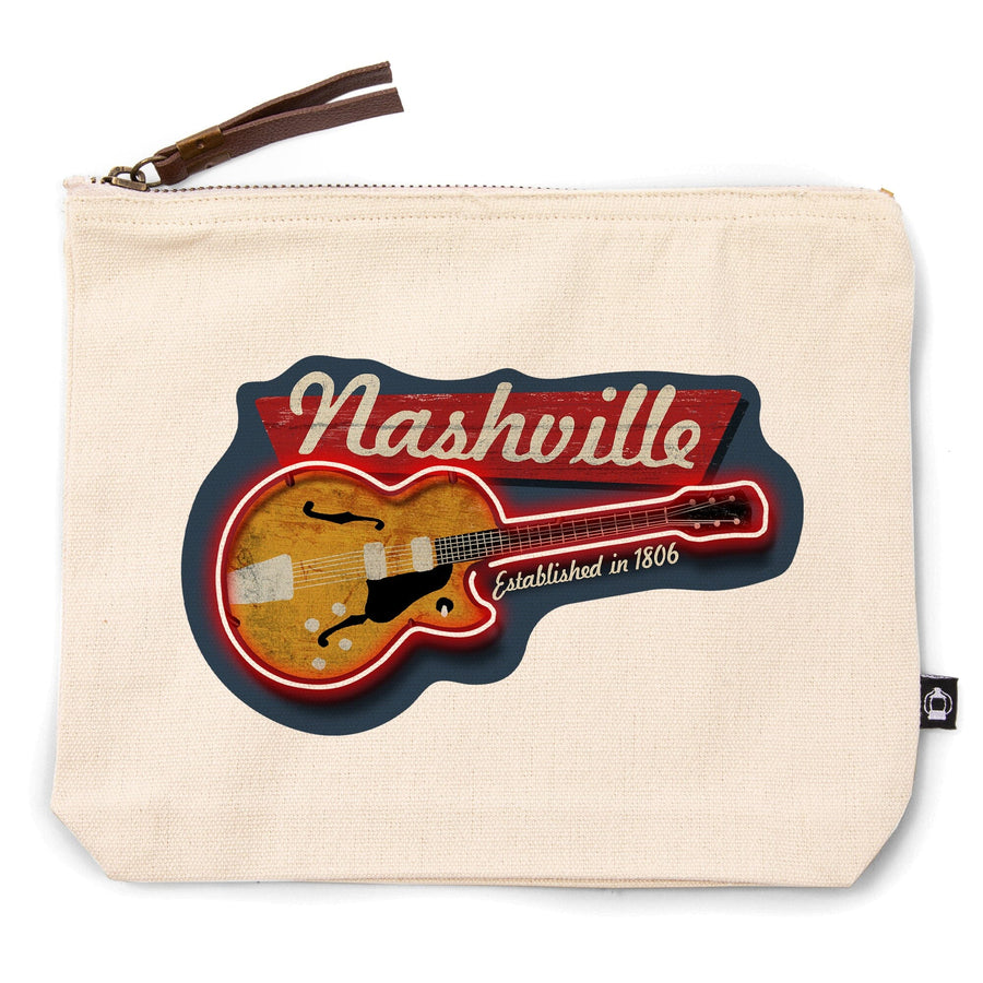 Nashville, Tennessee, Vintage Guitar Sign,, Organic Cotton Zipper Pouch, Go Bag Go Bag Lantern Press 