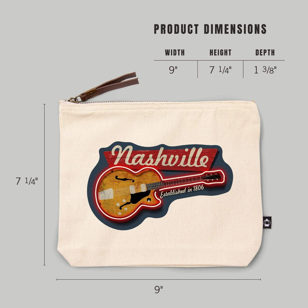 Nashville, Tennessee, Vintage Guitar Sign,, Organic Cotton Zipper Pouch, Go Bag Go Bag Lantern Press 