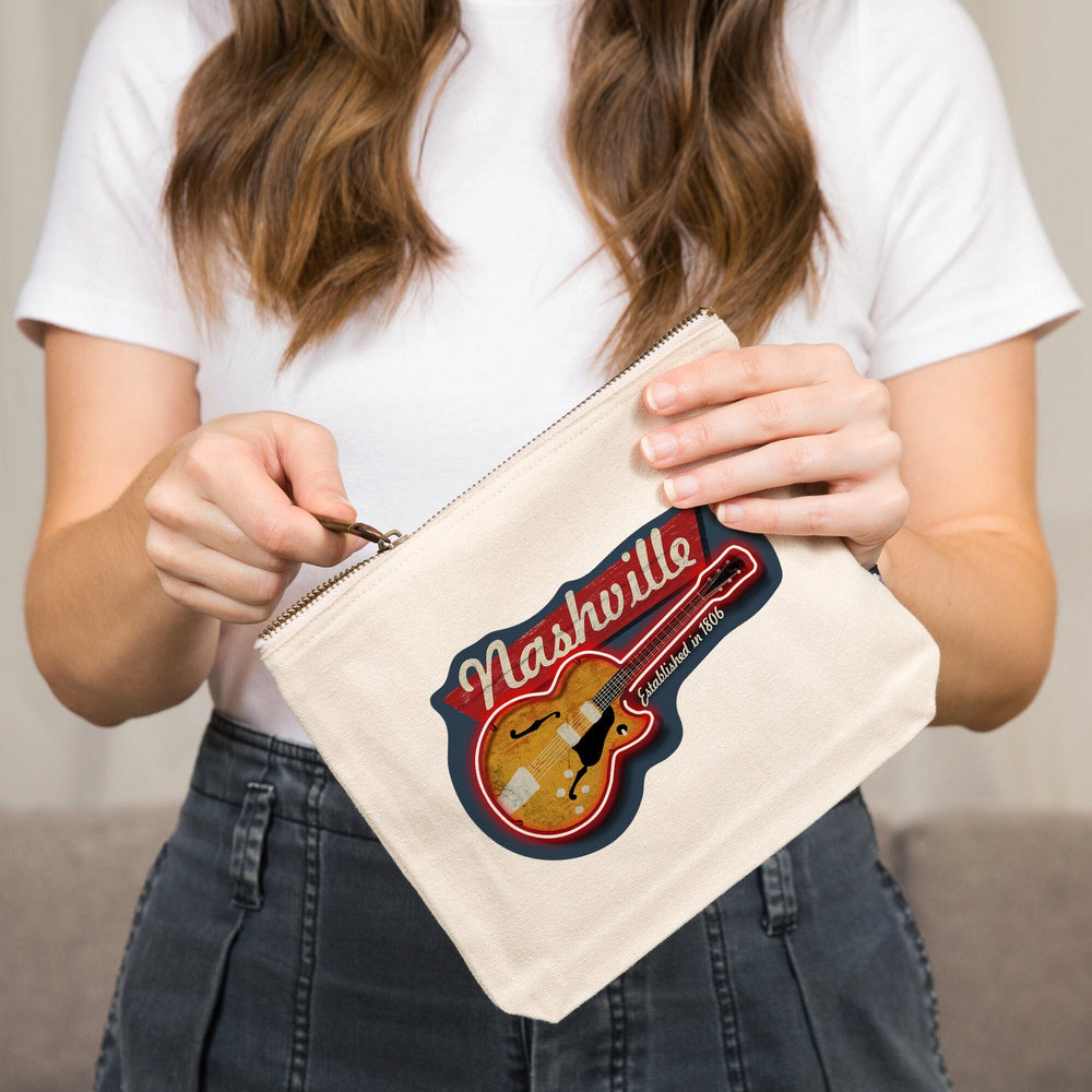 Nashville, Tennessee, Vintage Guitar Sign,, Organic Cotton Zipper Pouch, Go Bag Go Bag Lantern Press 