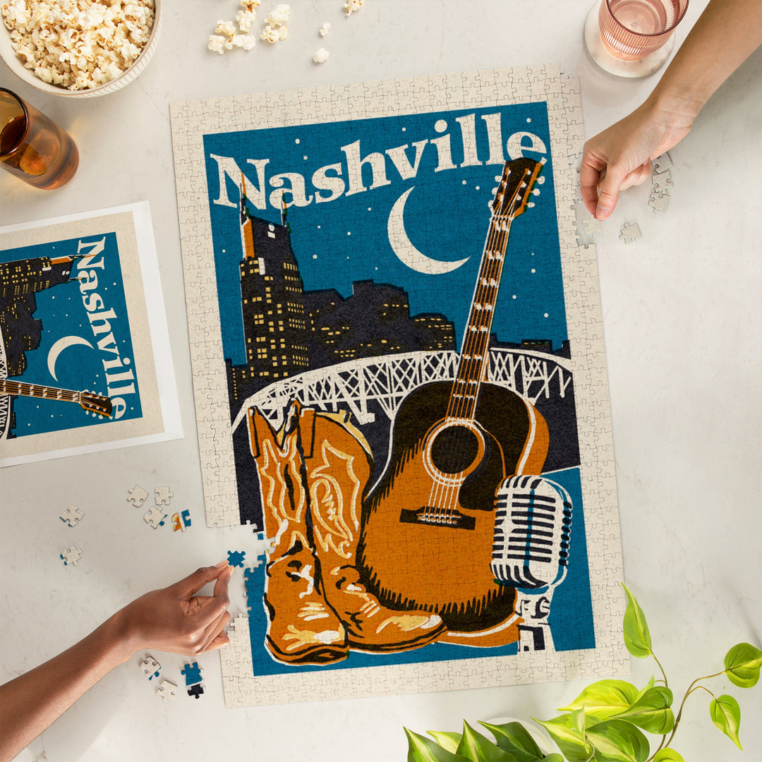 Nashville, Tennessee, Woodblock, Jigsaw Puzzle Puzzle Lantern Press 