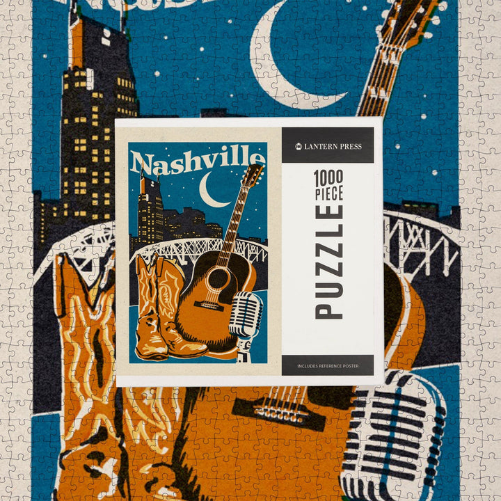 Nashville, Tennessee, Woodblock, Jigsaw Puzzle Puzzle Lantern Press 