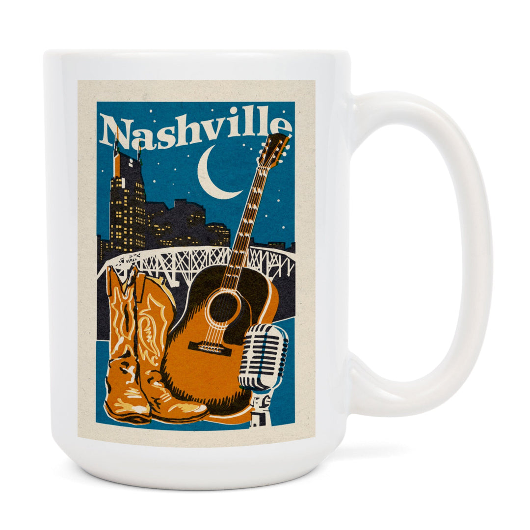 Nashville, Tennessee, Woodblock, Lantern Press Artwork, Ceramic Mug Mugs Lantern Press 