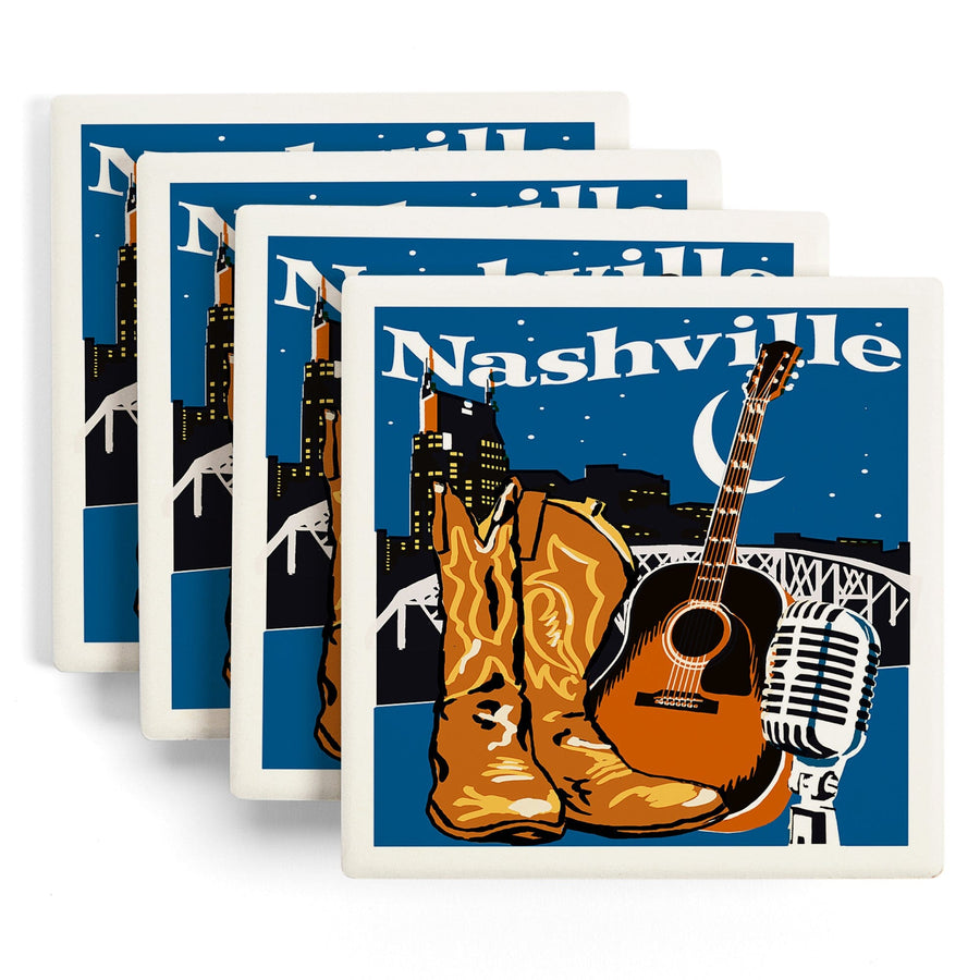 Nashville, Tennessee, Woodblock, Lantern Press Artwork, Coaster Set Coasters Lantern Press 