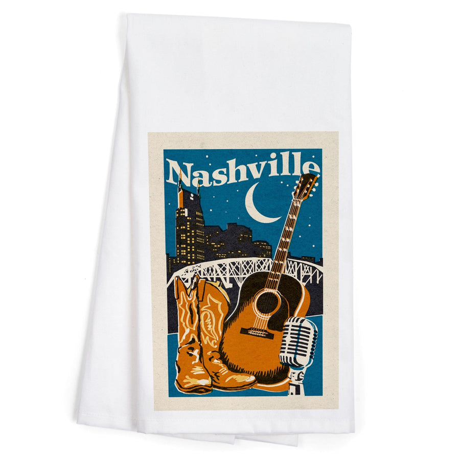 Nashville, Tennessee, Woodblock, Organic Cotton Kitchen Tea Towels Kitchen Lantern Press 