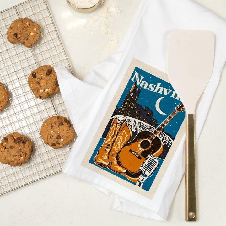 Nashville, Tennessee, Woodblock, Organic Cotton Kitchen Tea Towels Kitchen Lantern Press 