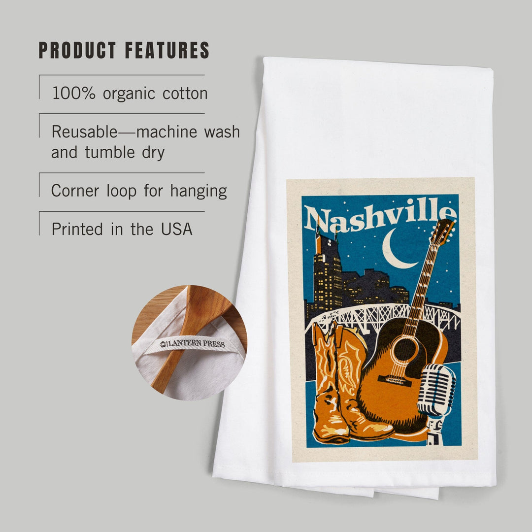 Nashville, Tennessee, Woodblock, Organic Cotton Kitchen Tea Towels Kitchen Lantern Press 