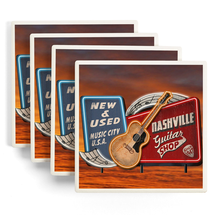 Nashville, Tennesseee, Acoustic Guitar Music Shop, Lantern Press Artwork, Coaster Set Coasters Lantern Press 