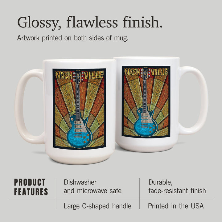 Nashville, Tennesseee, Guitar Mosaic, Lantern Press Artwork, Ceramic Mug Mugs Lantern Press 