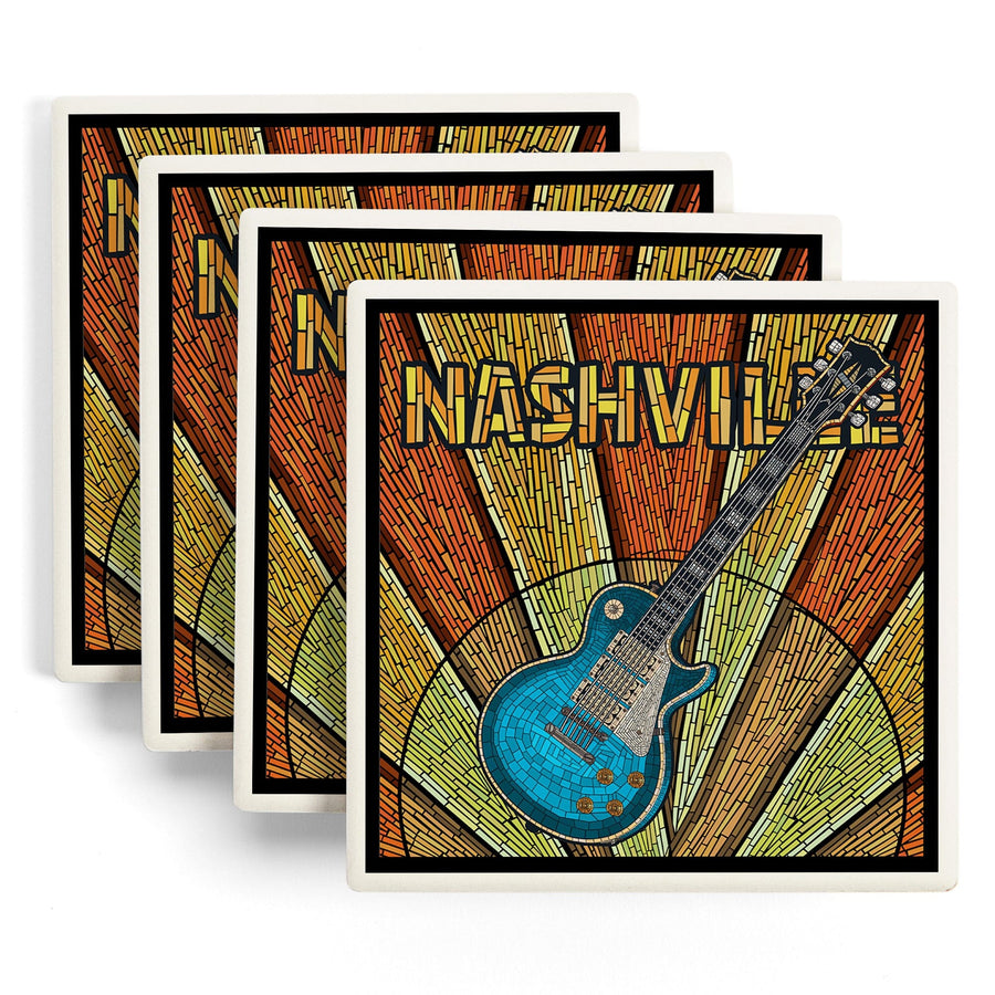 Nashville, Tennesseee, Guitar Mosaic, Lantern Press Artwork, Coaster Set Coasters Lantern Press 