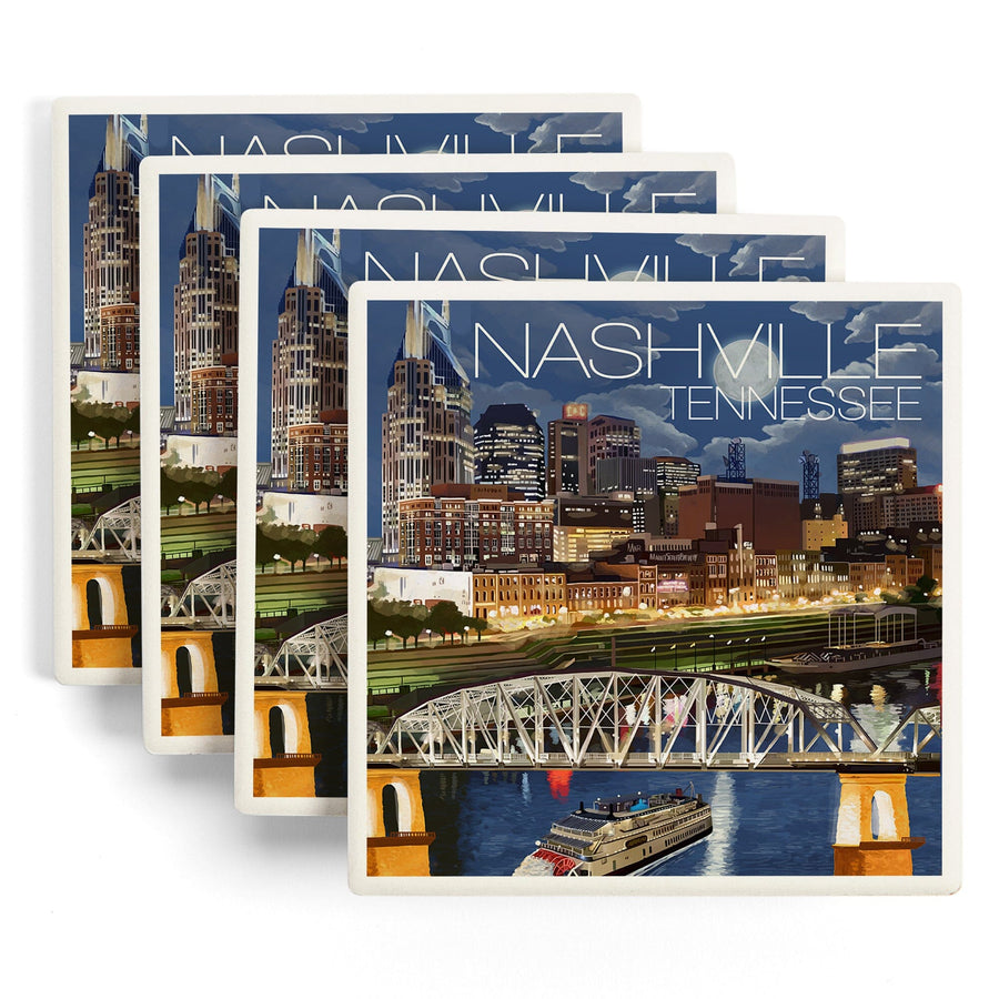 Nashville, Tennesseee, Nashville at Night, Lantern Press Artwork, Coaster Set Coasters Lantern Press 