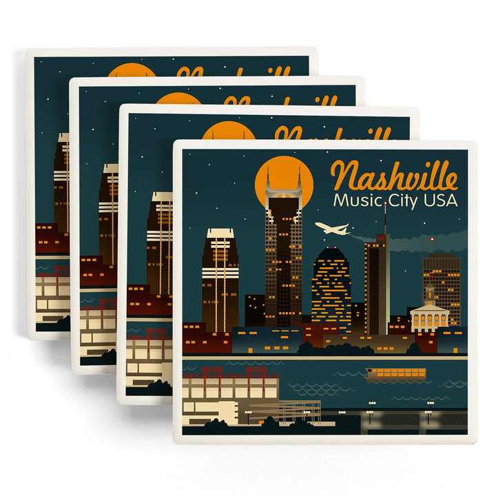 Nashville, Tennesseee, Retro Skyline, Lantern Press Artwork, Coaster Set Coasters Lantern Press 