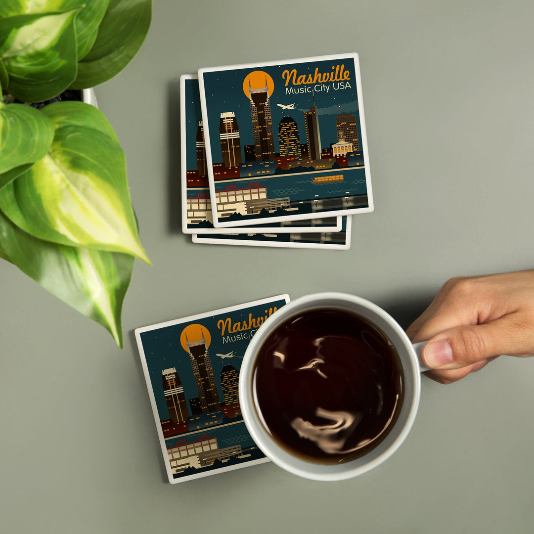 Nashville, Tennesseee, Retro Skyline, Lantern Press Artwork, Coaster Set Coasters Lantern Press 