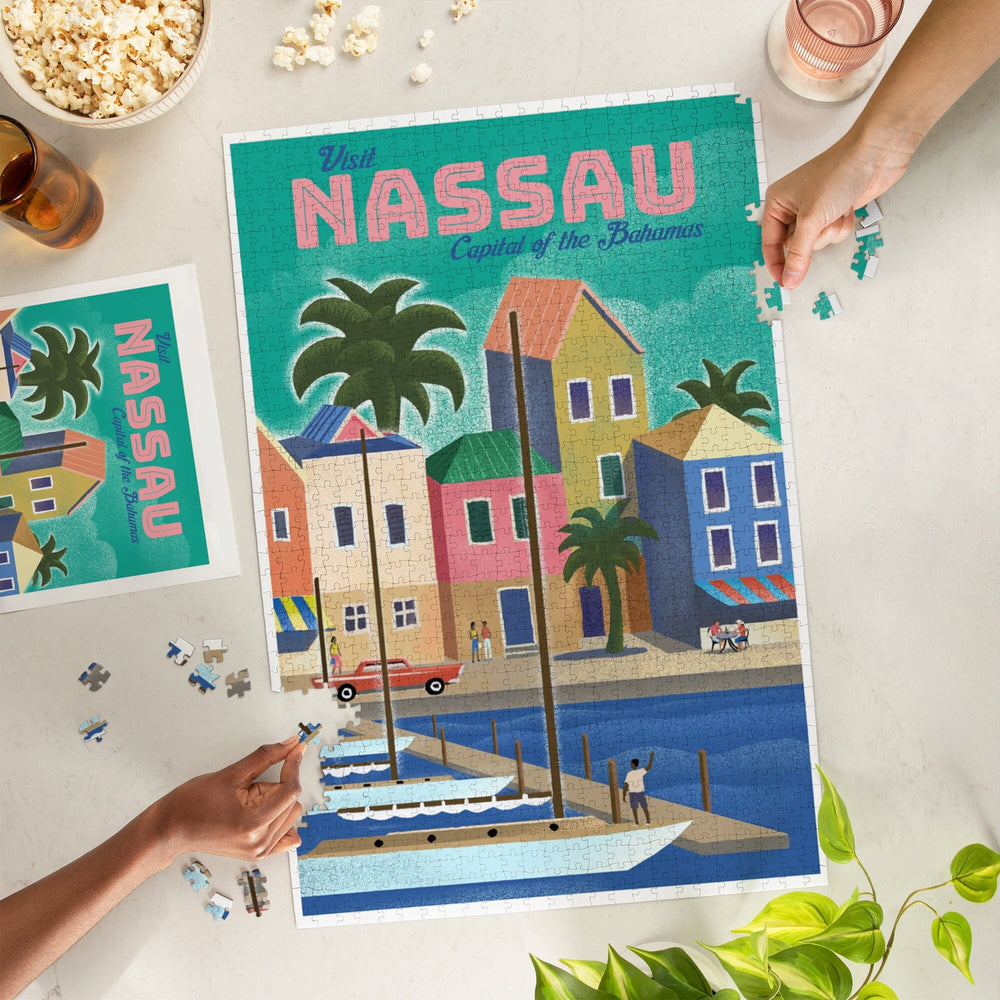 Nassau, Bahamas, Waterside Dock, Lithograph, Jigsaw Puzzle Puzzle Lantern Press 