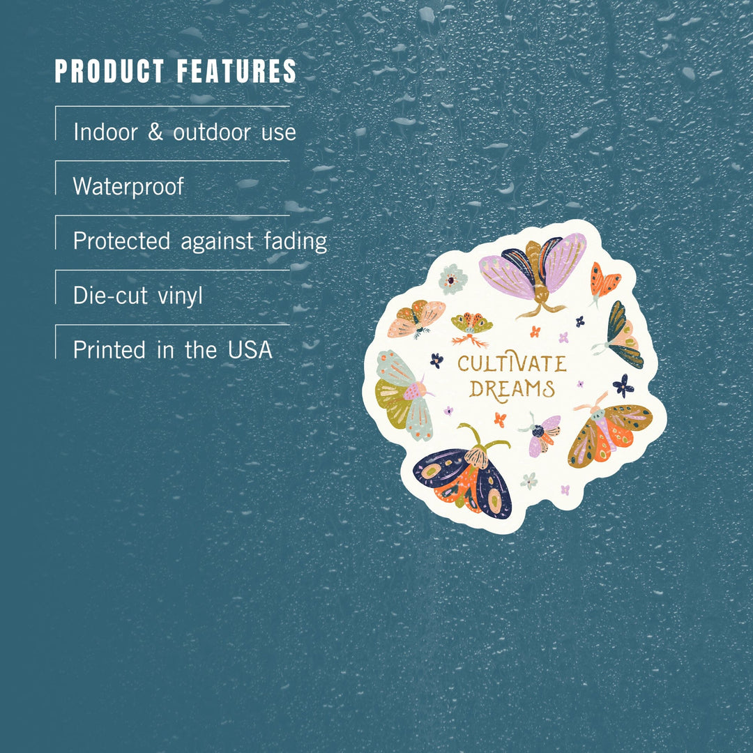 Nature's Beauty Series, Cultivate Dreams Moths, Contour, Vinyl Sticker Sticker Lantern Press 