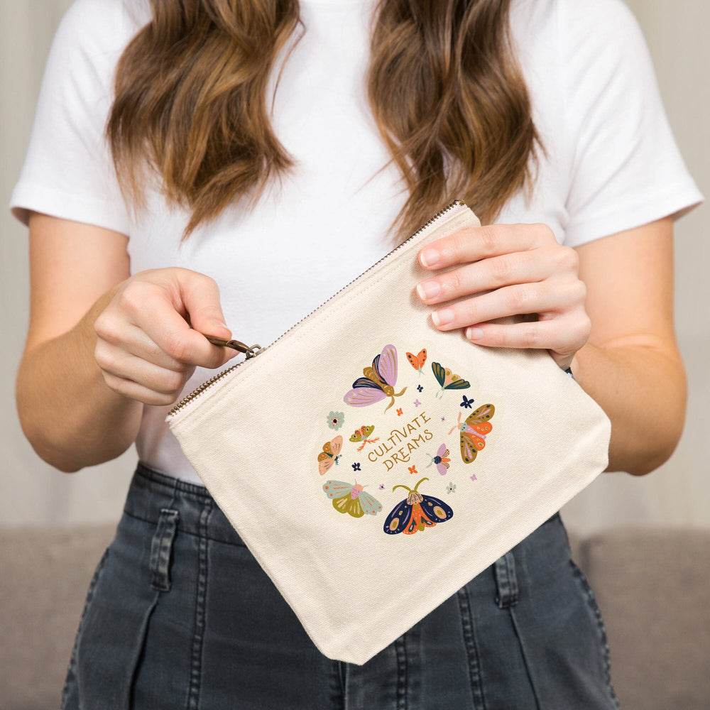 Nature's Beauty Series, Cultivate Dreams Moths,, Organic Cotton Zipper Pouch, Go Bag Totes Lantern Press 