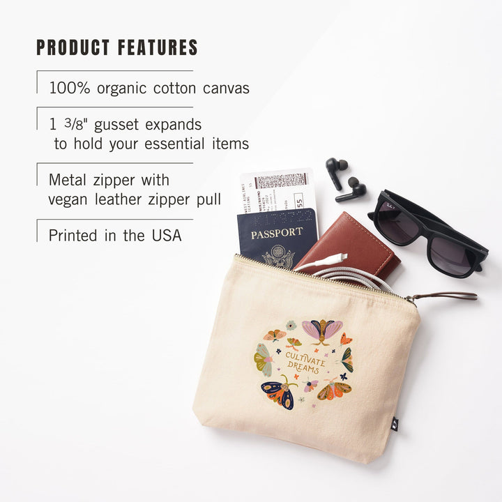 Nature's Beauty Series, Cultivate Dreams Moths,, Organic Cotton Zipper Pouch, Go Bag Totes Lantern Press 