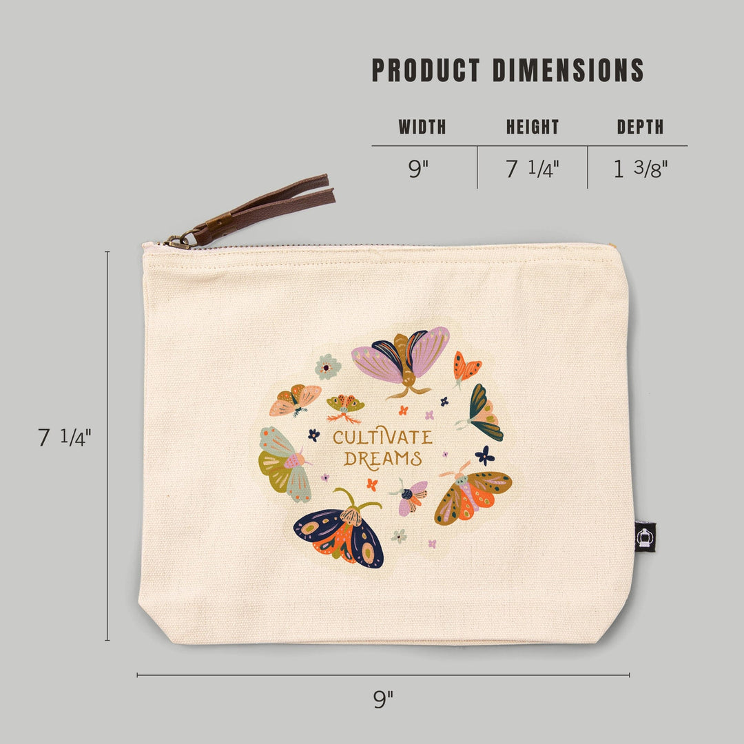 Nature's Beauty Series, Cultivate Dreams Moths,, Organic Cotton Zipper Pouch, Go Bag Totes Lantern Press 