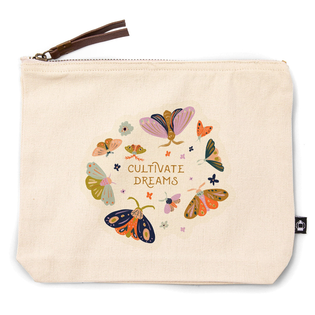 Nature's Beauty Series, Cultivate Dreams Moths,, Organic Cotton Zipper Pouch, Go Bag Totes Lantern Press 