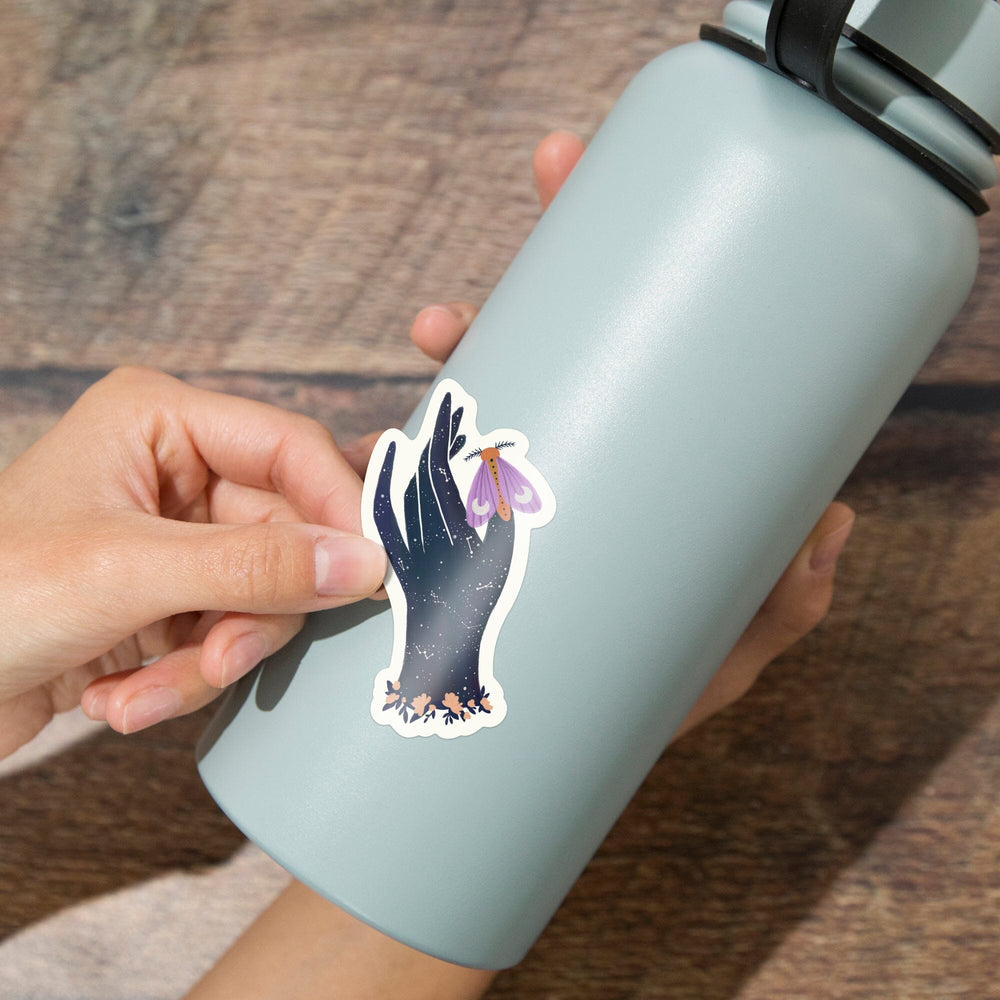 Nature's Beauty Series, Midnight Moth Hand, Contour, Vinyl Sticker Sticker Lantern Press 