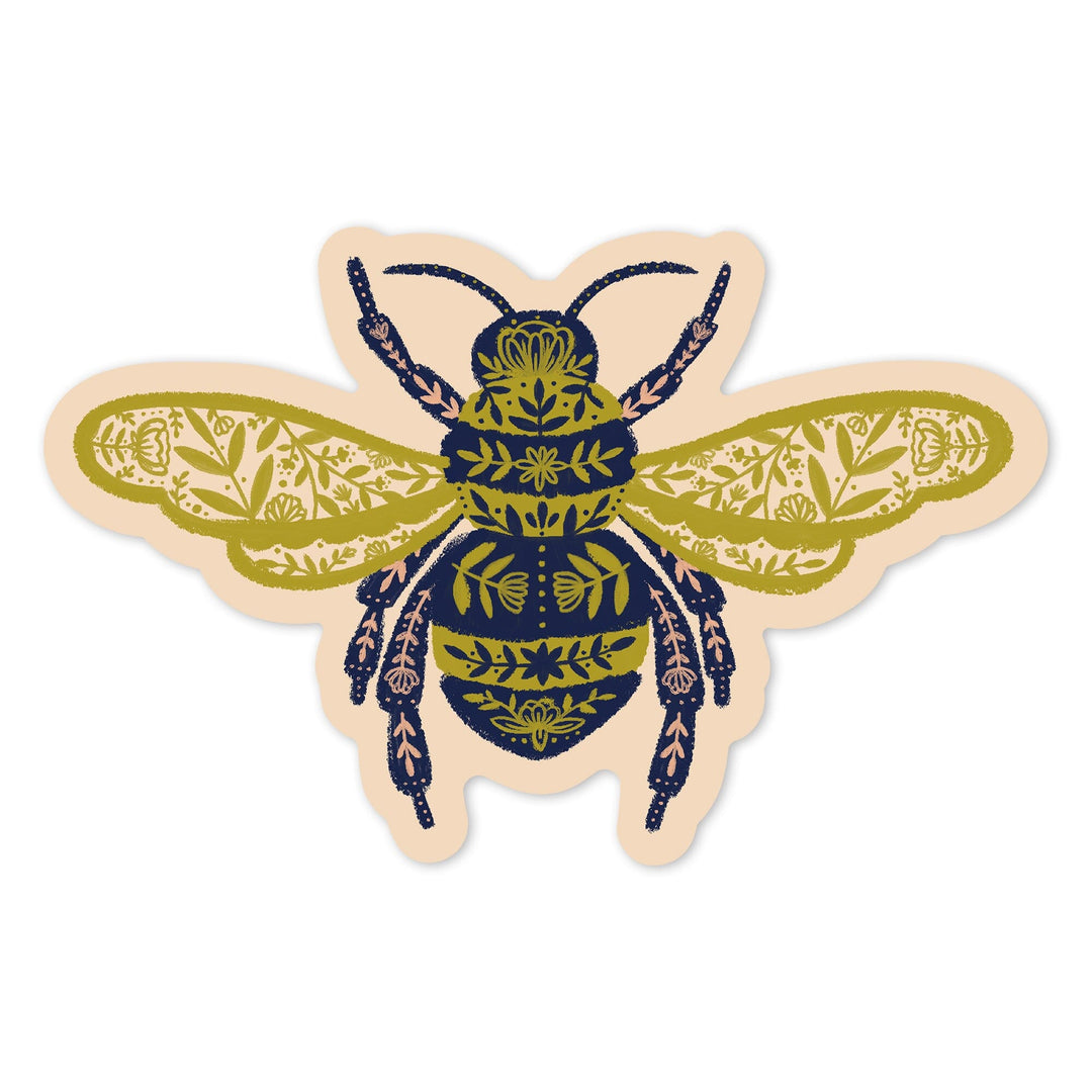 Nature's Beauty Series, Ornate Floral Bee, Contour, Vinyl Sticker Sticker Lantern Press 