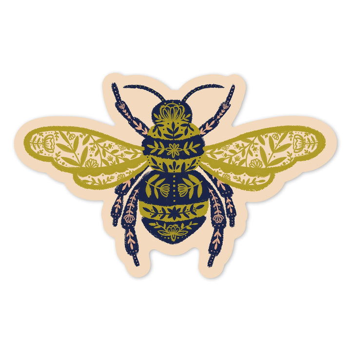 Nature's Beauty Series, Ornate Floral Bee, Contour, Vinyl Sticker Sticker Lantern Press 