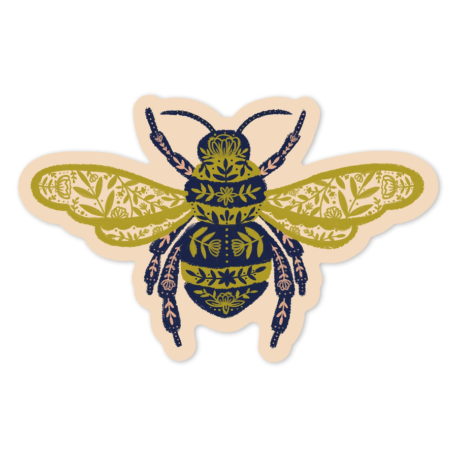 Nature's Beauty Series, Ornate Floral Bee, Contour, Vinyl Sticker Sticker Lantern Press 