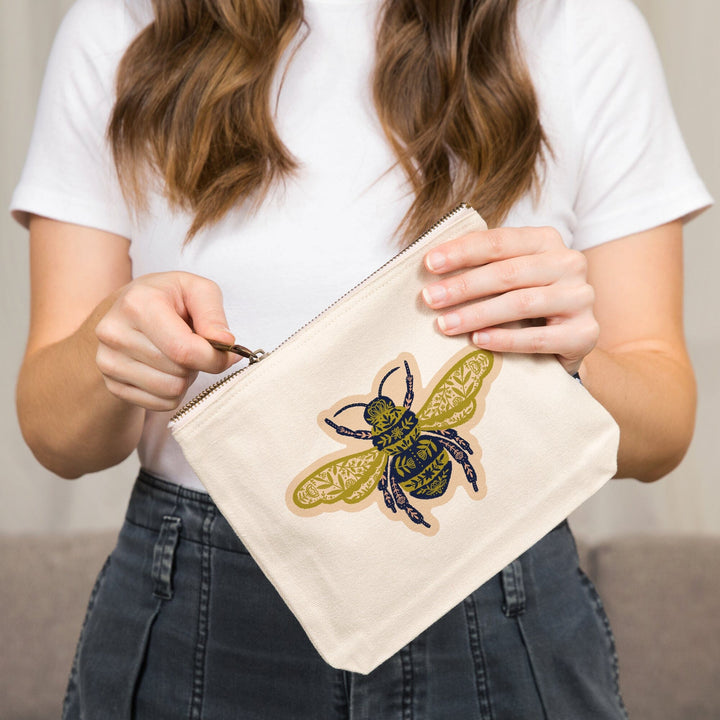 Nature's Beauty Series, Ornate Floral Bee,, Organic Cotton Zipper Pouch, Go Bag Totes Lantern Press 
