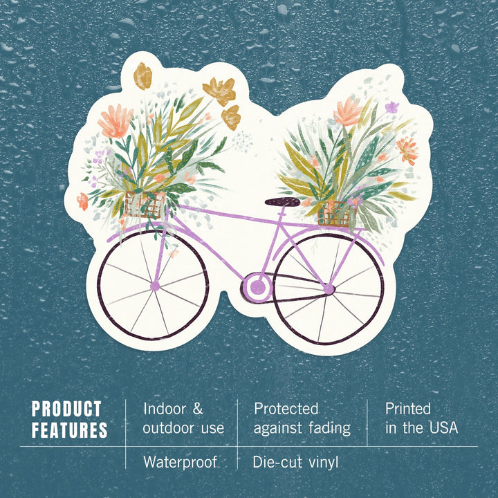 Nature's Beauty Series, Overflowing Flowers Bike, Contour, Vinyl Sticker Sticker Lantern Press 