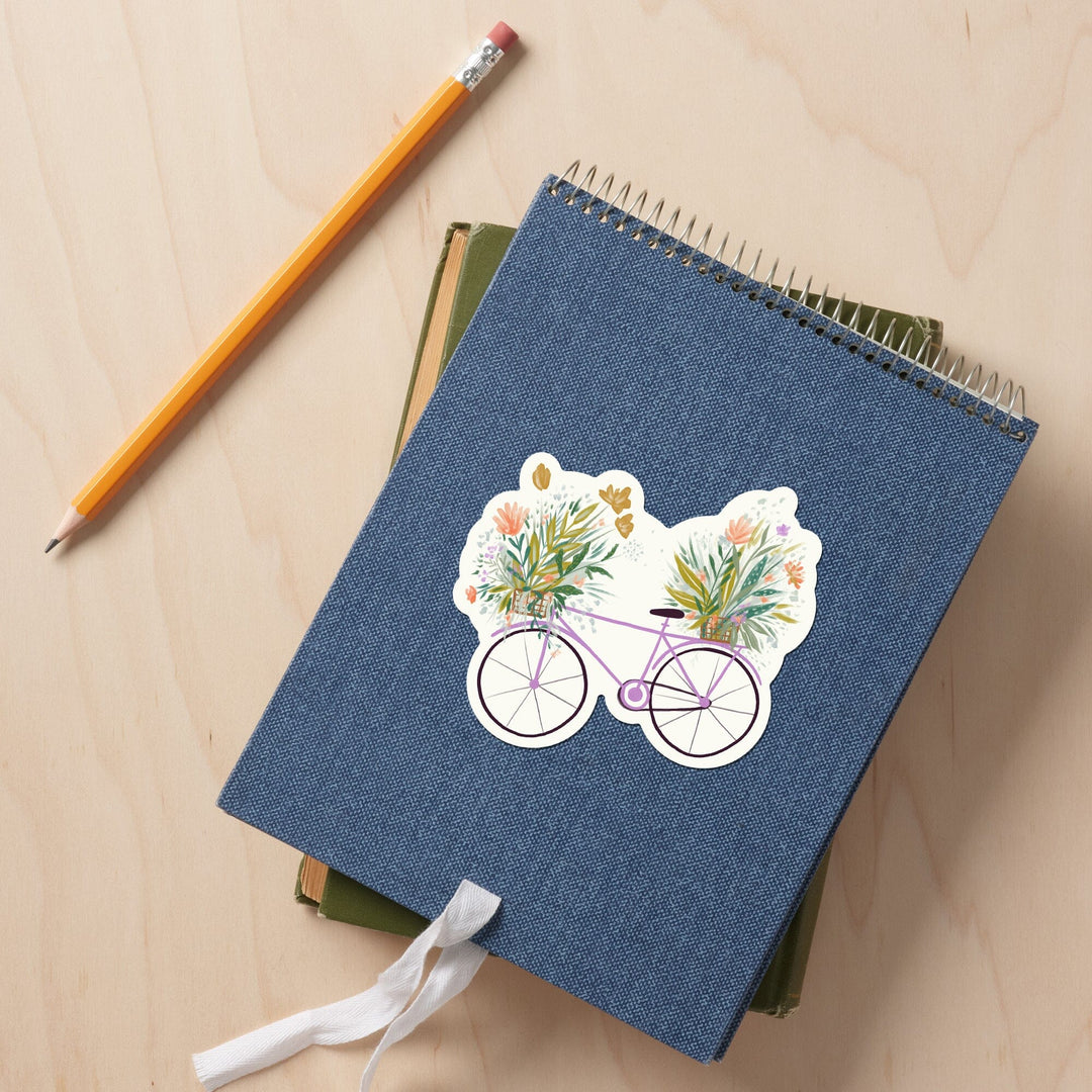 Nature's Beauty Series, Overflowing Flowers Bike, Contour, Vinyl Sticker Sticker Lantern Press 