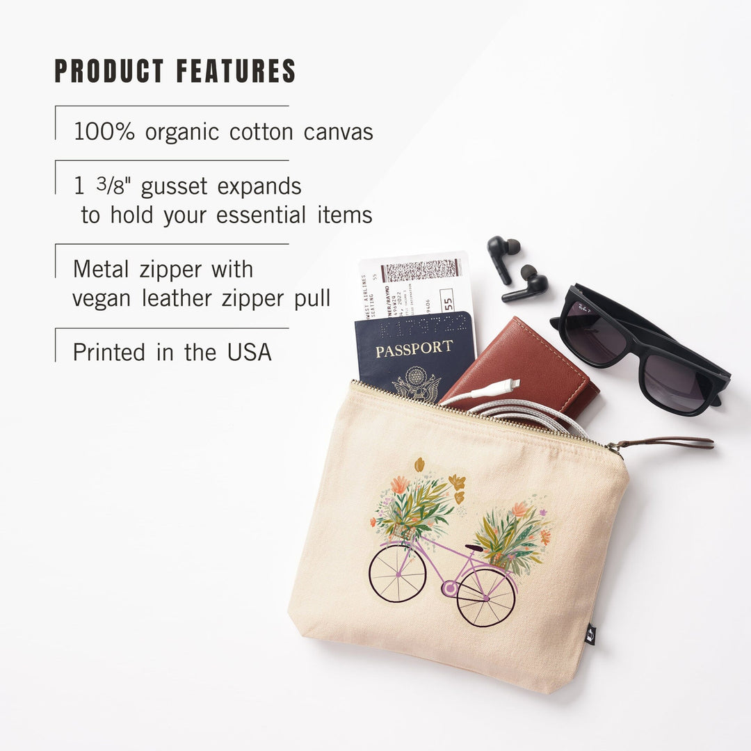 Nature's Beauty Series, Overflowing Flowers Bike,, Organic Cotton Zipper Pouch, Go Bag Totes Lantern Press 