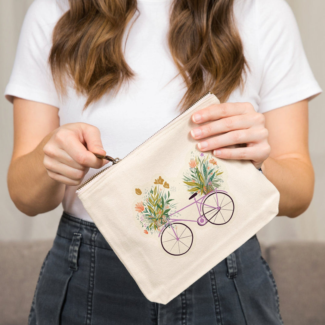 Nature's Beauty Series, Overflowing Flowers Bike,, Organic Cotton Zipper Pouch, Go Bag Totes Lantern Press 