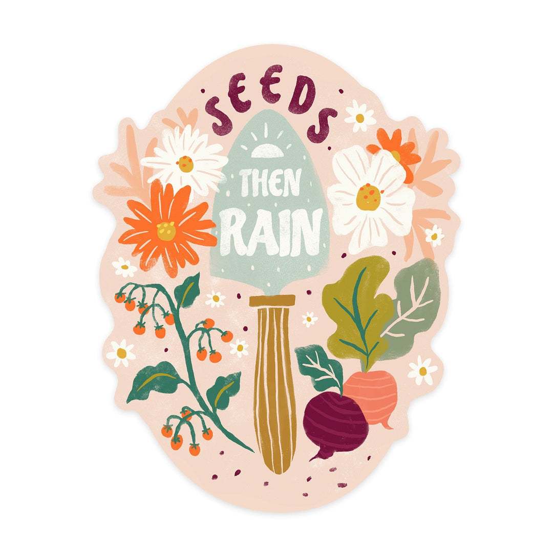 Nature's Beauty Series, Seeds Then Rain Shovel and Flowers, Contour, Vinyl Sticker Sticker Lantern Press 