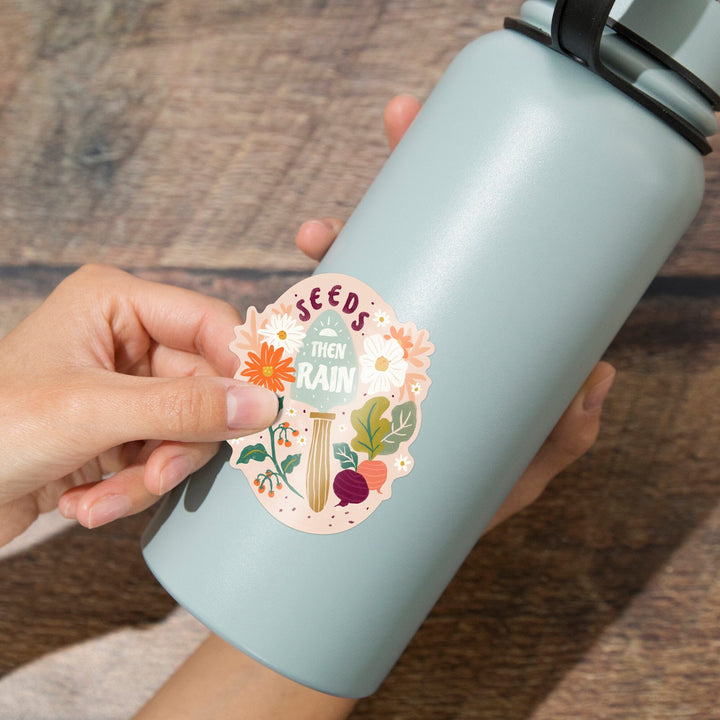 Nature's Beauty Series, Seeds Then Rain Shovel and Flowers, Contour, Vinyl Sticker Sticker Lantern Press 