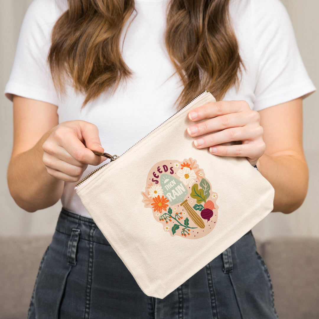 Nature's Beauty Series, Seeds Then Rain Shovel and Flowers,, Organic Cotton Zipper Pouch, Go Bag Totes Lantern Press 