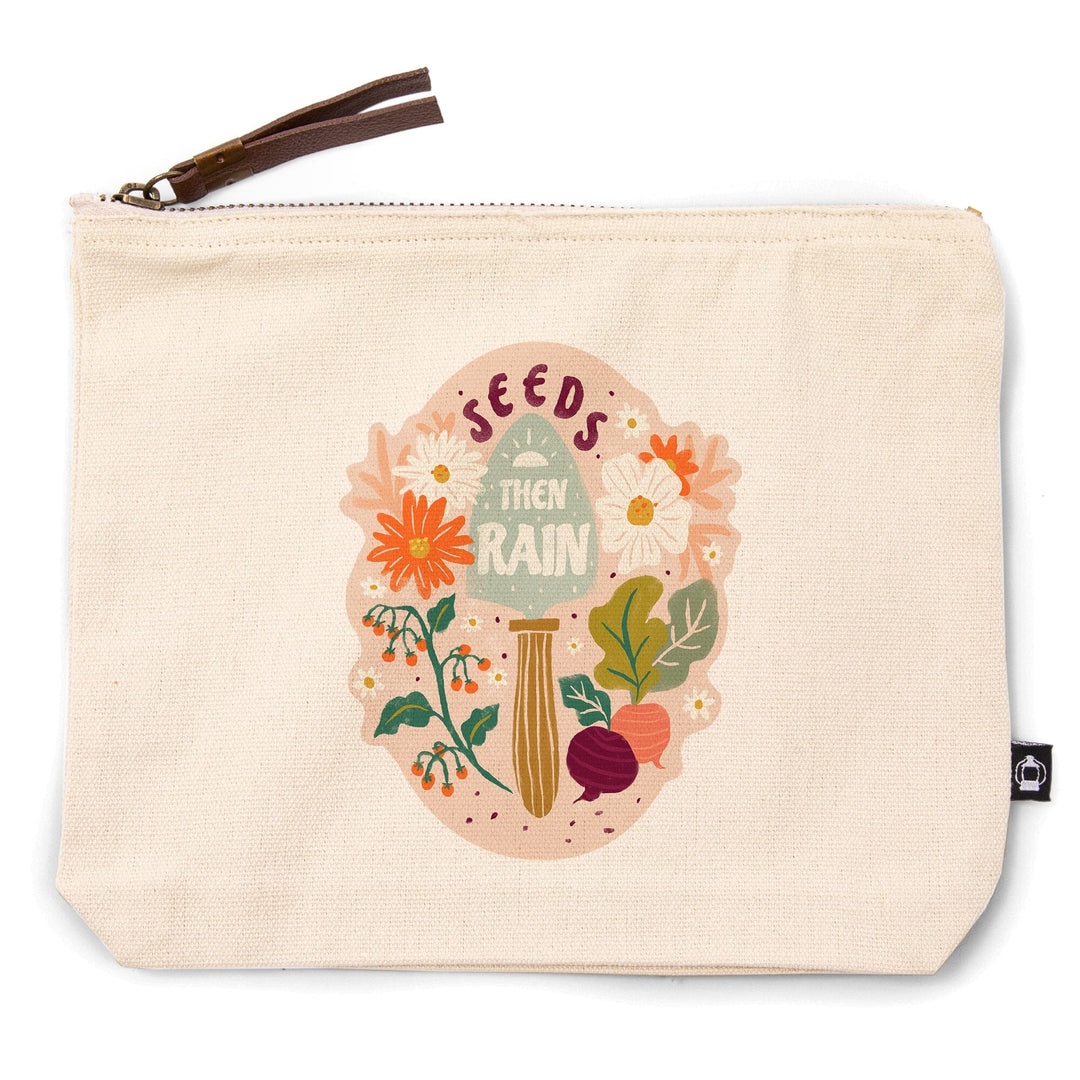 Nature's Beauty Series, Seeds Then Rain Shovel and Flowers,, Organic Cotton Zipper Pouch, Go Bag Totes Lantern Press 