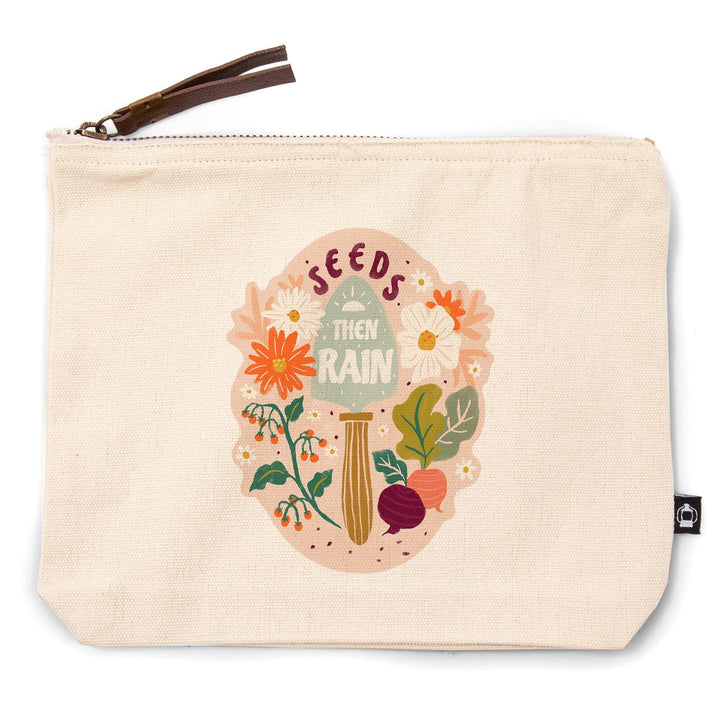 Nature's Beauty Series, Seeds Then Rain Shovel and Flowers,, Organic Cotton Zipper Pouch, Go Bag Totes Lantern Press 