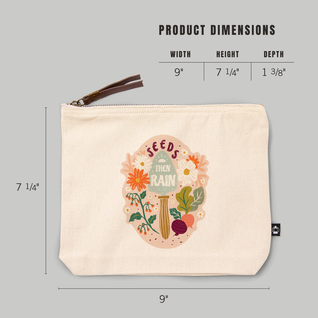Nature's Beauty Series, Seeds Then Rain Shovel and Flowers,, Organic Cotton Zipper Pouch, Go Bag Totes Lantern Press 