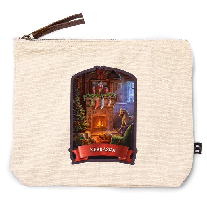 Nebraska, Christmas Morning,, Organic Cotton Zipper Pouch, Go Bag Go Bag Lantern Press 