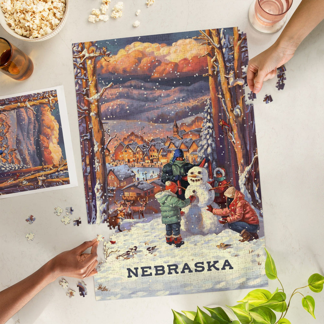 Nebraska, Merry and Bright, Vintage Snowman, Jigsaw Puzzle Puzzle Lantern Press 