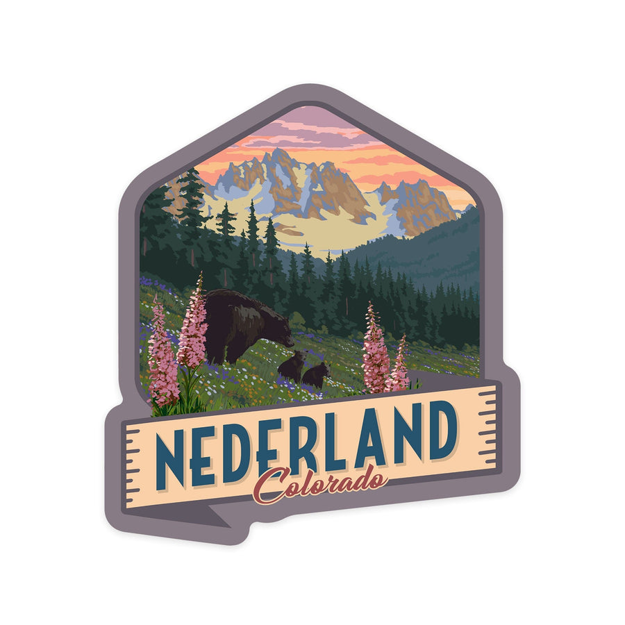 Nederland, Colorado, Bear and Spring Flowers, Contour, Lantern Press Artwork, Vinyl Sticker Sticker Lantern Press 