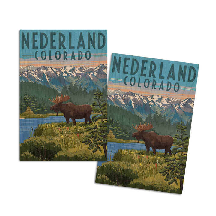 Nederland, Colorado, Moose, Summer Scene, Lantern Press Artwork, Wood Signs and Postcards Wood Lantern Press 4x6 Wood Postcard Set 