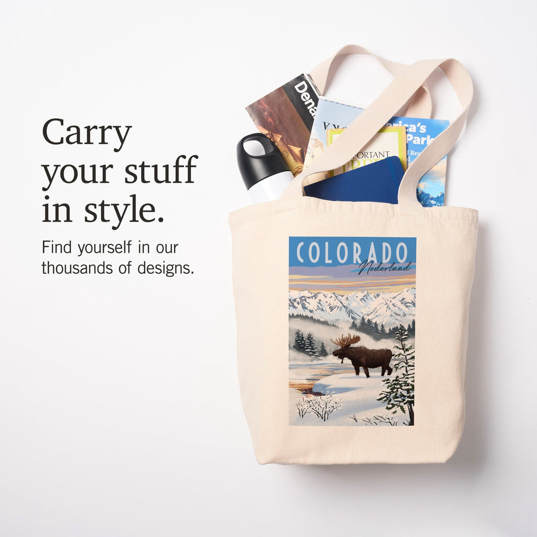 Nederland, Colorado, Moose, Winter Scene, Lantern Press Artwork, Tote Bag Totes Lantern Press 