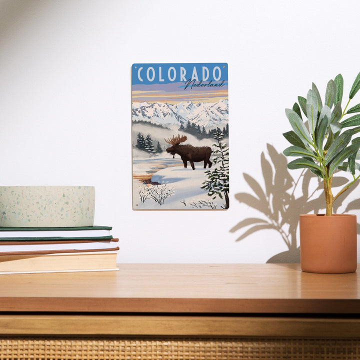 Nederland, Colorado, Moose, Winter Scene, Lantern Press Artwork, Wood Signs and Postcards Wood Lantern Press 