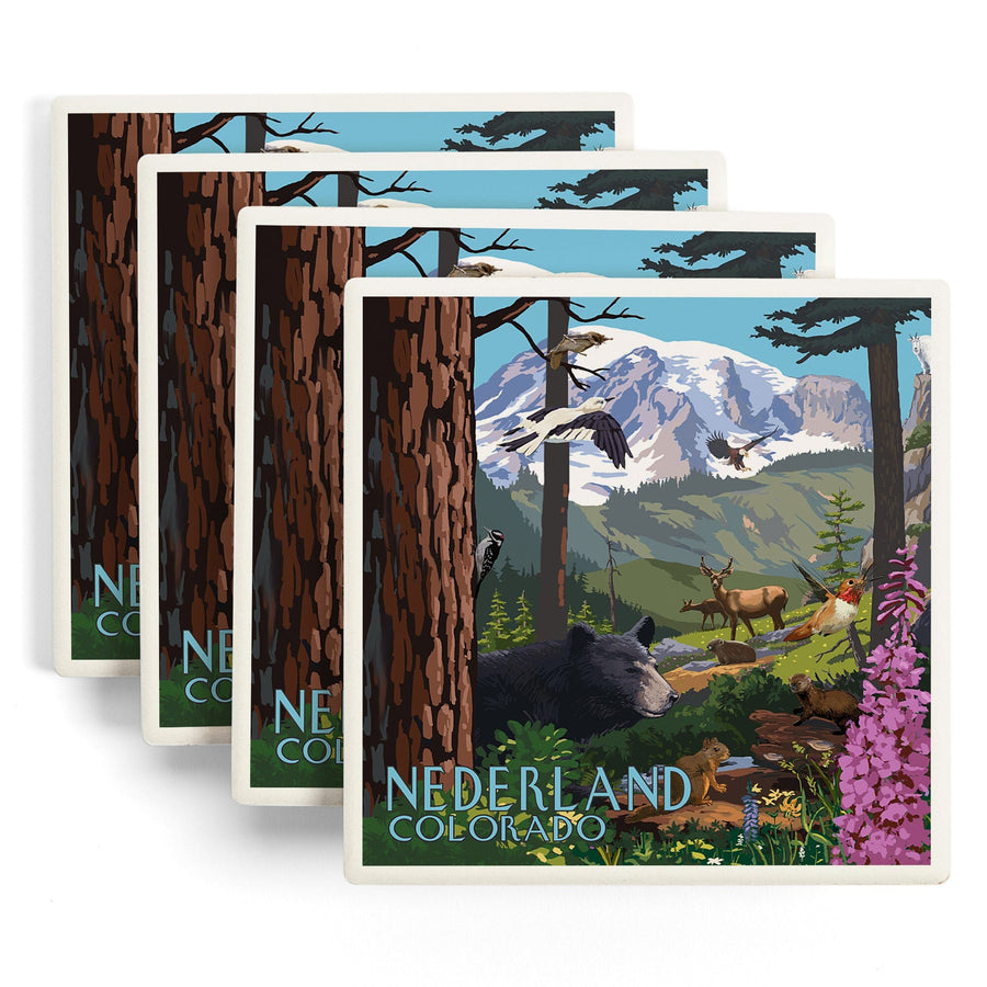 Nederland, Colorado, Wildlife Utopia, Lantern Press Artwork, Coaster Set Coasters Lantern Press 